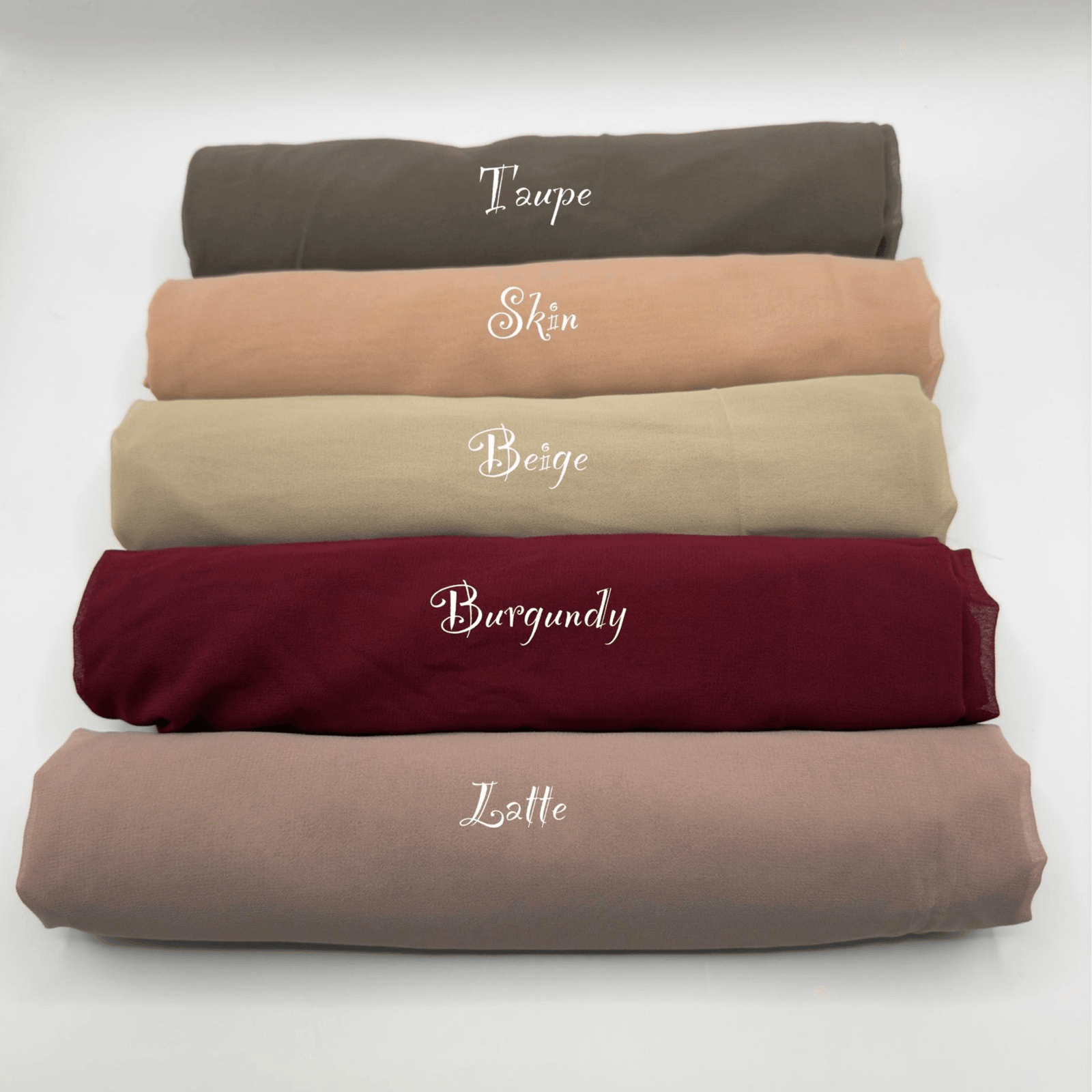 02-img-003 Rolled chiffon hijabs in taupe, skin, beige, burgundy and latte