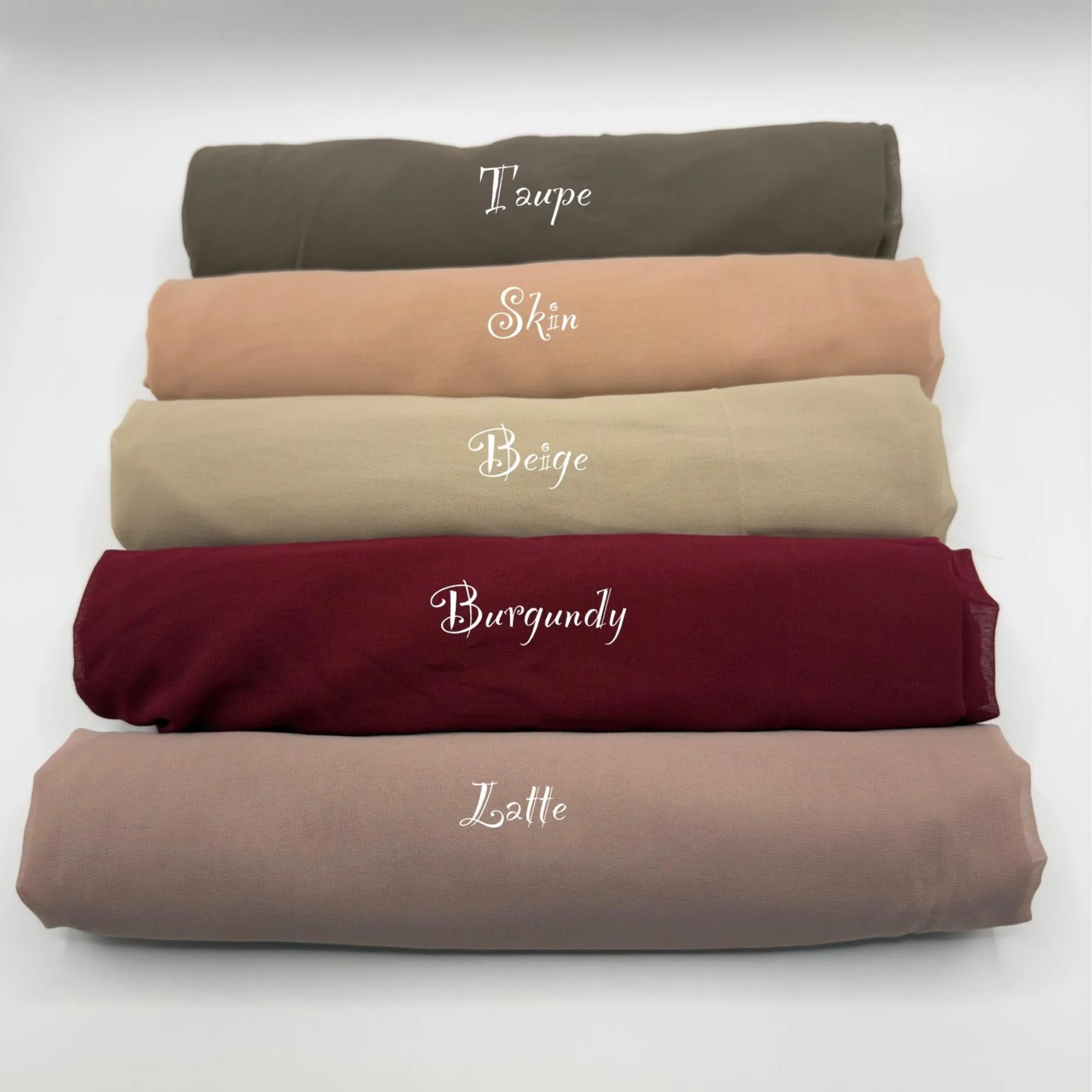 Rolled chiffon hijabs in taupe, skin, beige, burgundy and latte