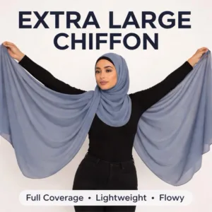 Woman holding out an extra large chiffon hijab to show full coverage and drape