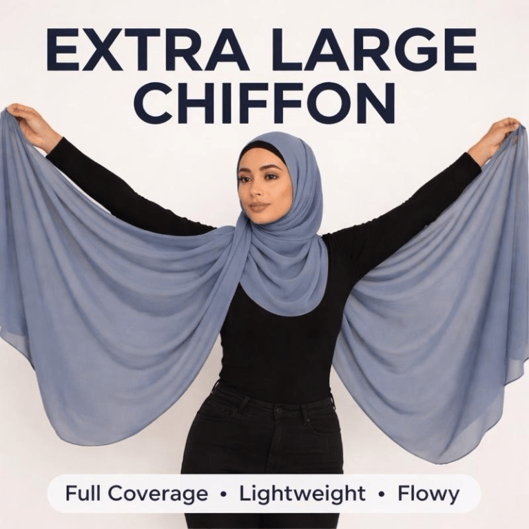Woman holding out an extra large chiffon hijab to show full coverage and drape
