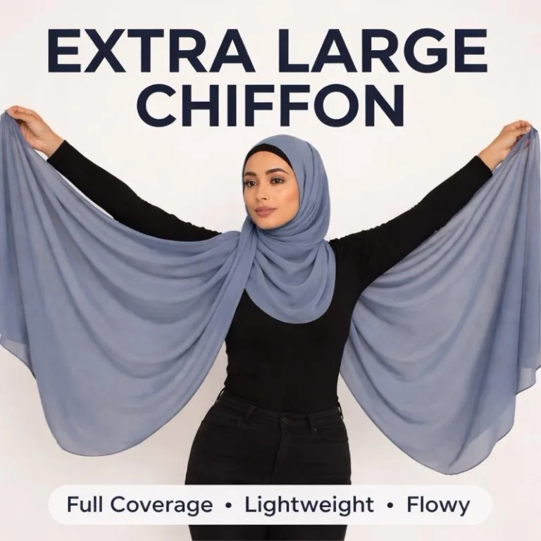 Woman holding out an extra large chiffon hijab to show full coverage and drape