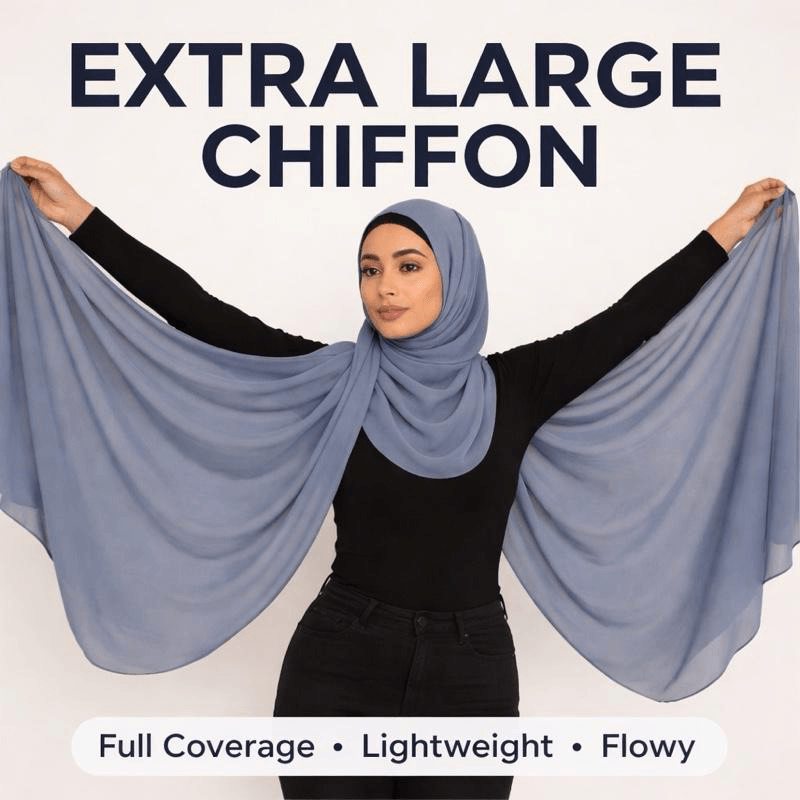 04-img-006 Woman holding out an extra large chiffon hijab to show full coverage and drape