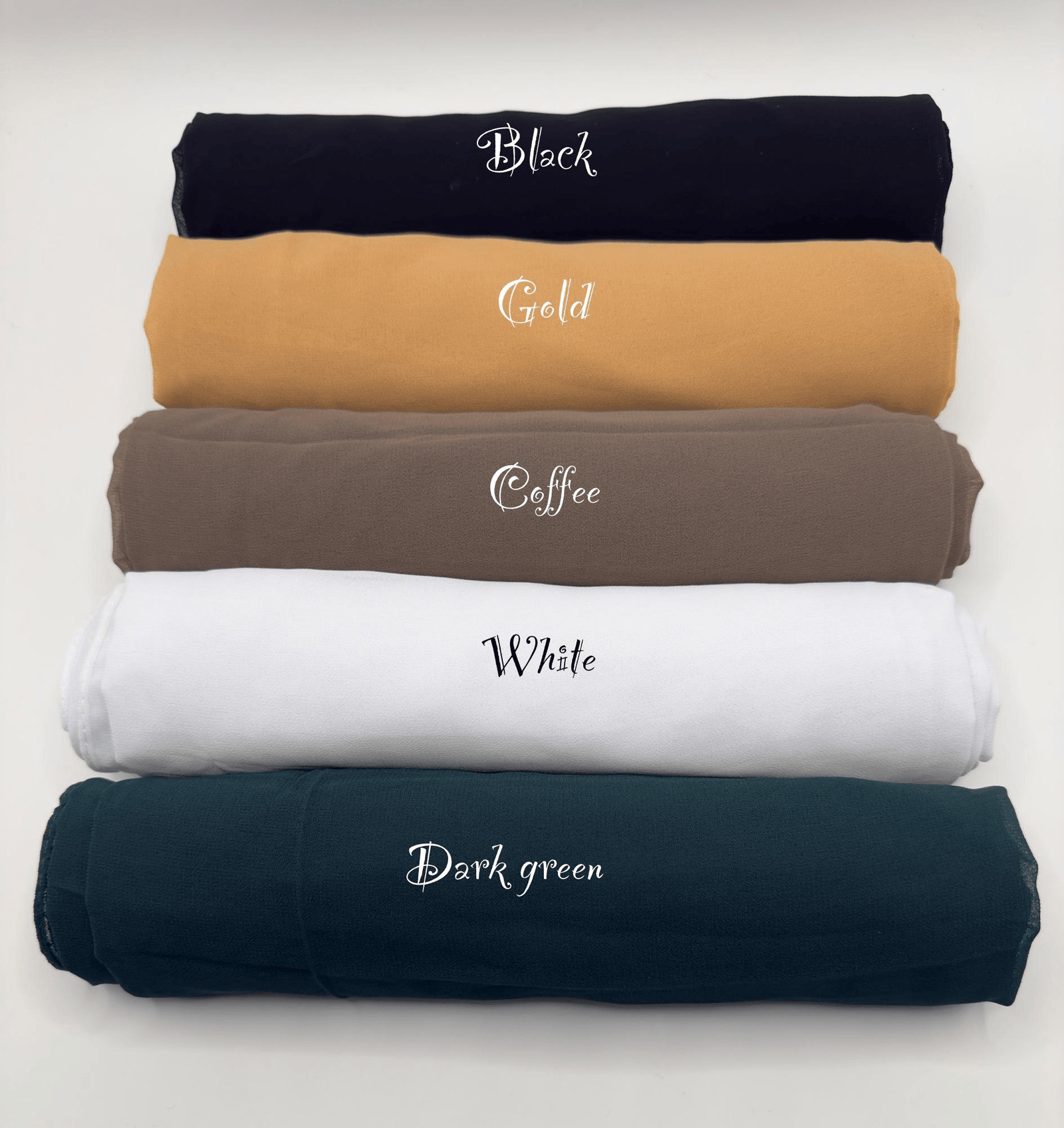 05-img-012 Rolled chiffon hijabs in black, gold, coffee, white and dark green