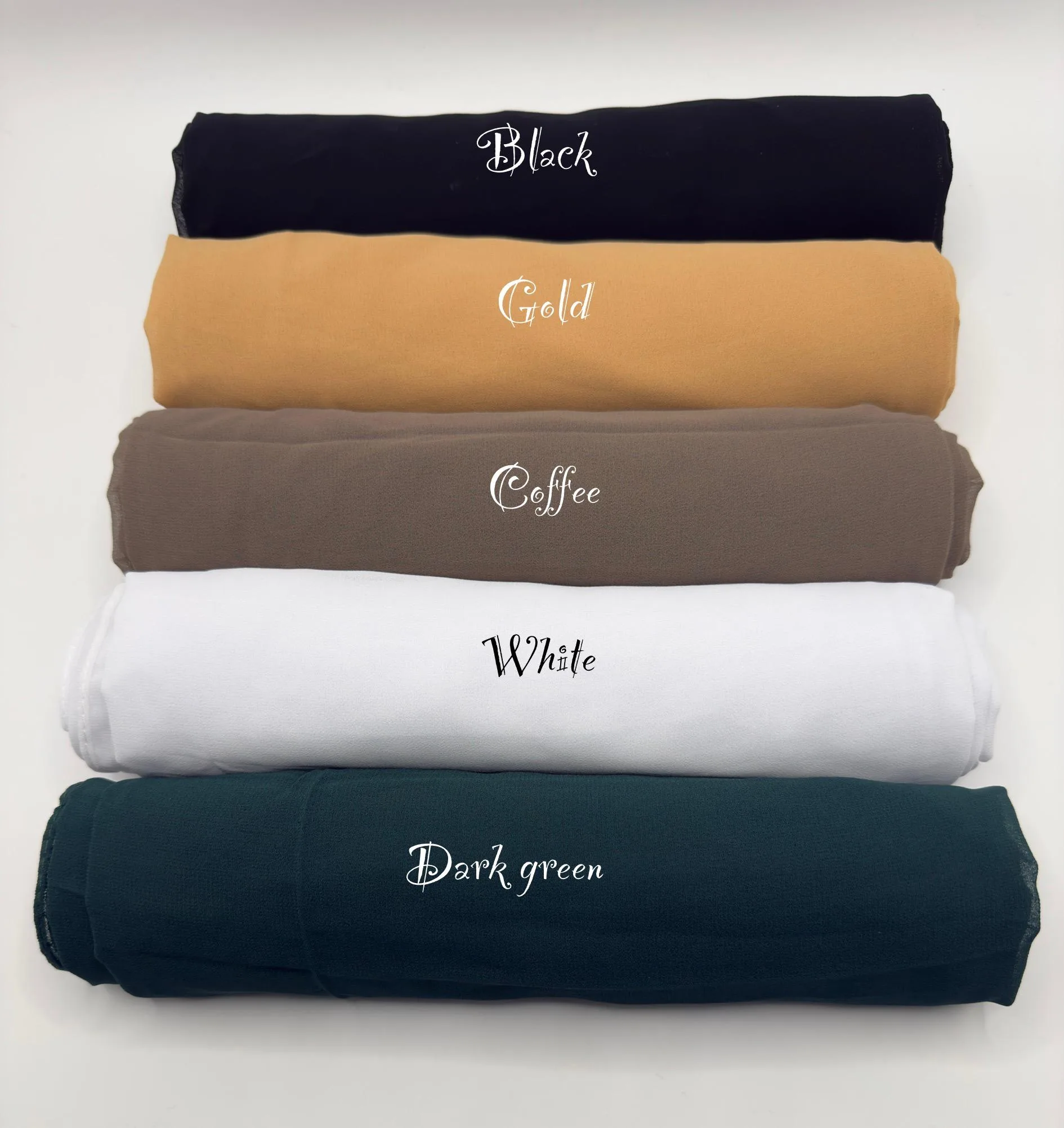Rolled chiffon hijabs in black, gold, coffee, white and dark green