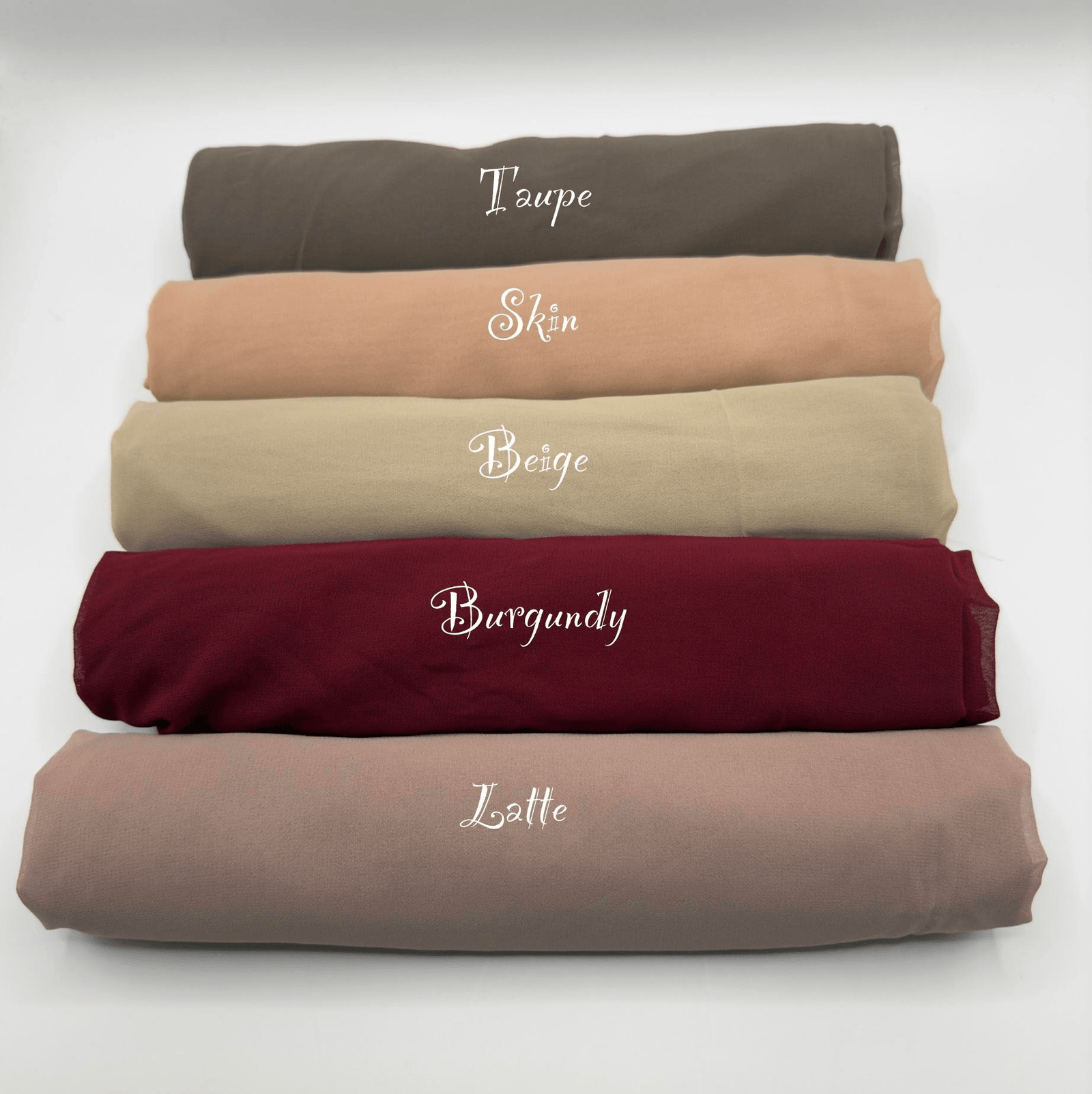 06-img-013 Rolled chiffon hijabs in taupe, skin, beige, burgundy and latte