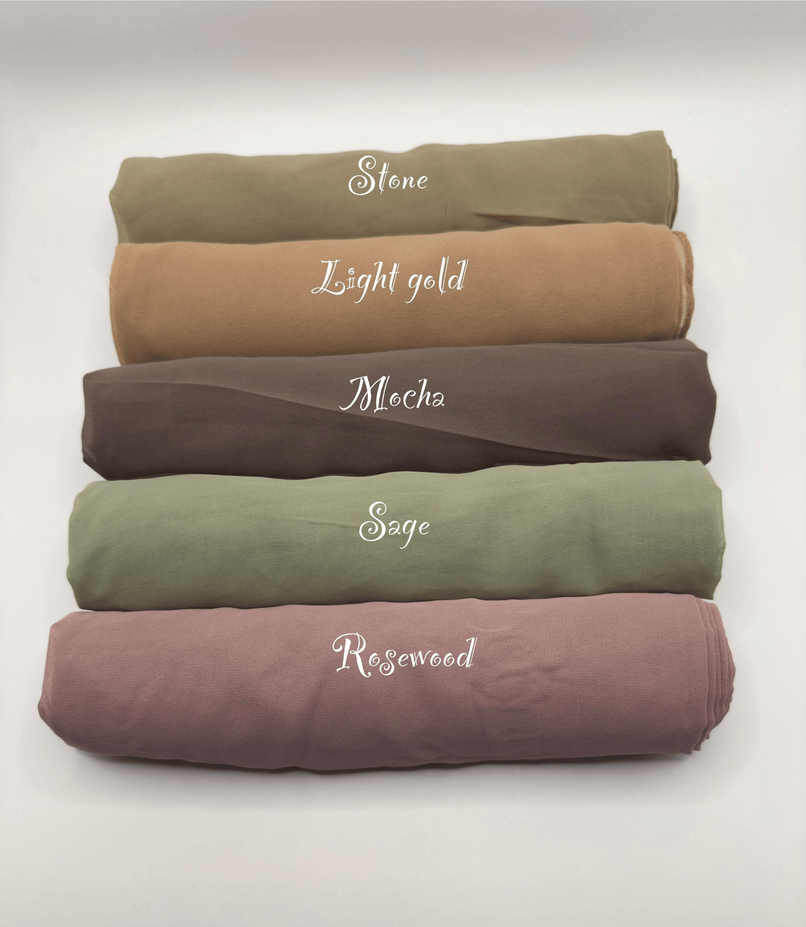 07-img-014 Rolled chiffon hijabs in stone, light gold, mocha, sage and rosewood