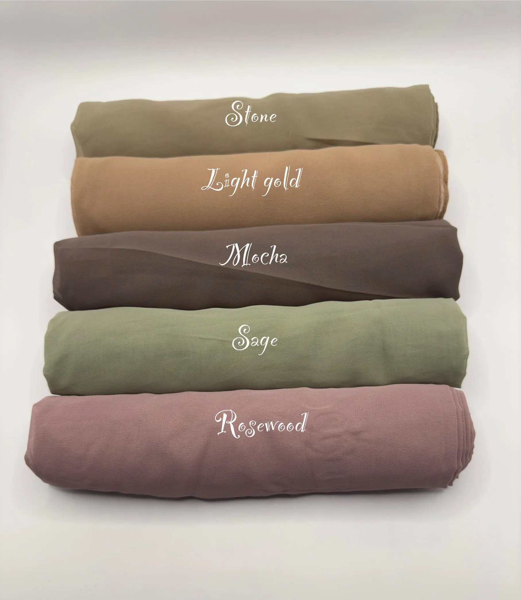 Rolled chiffon hijabs in stone, light gold, mocha, sage and rosewood