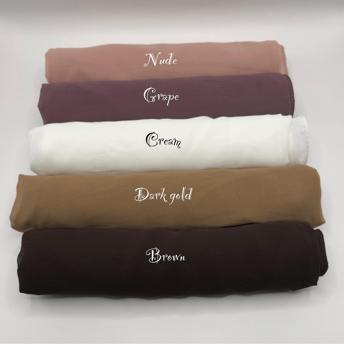 08-img-015 Rolled chiffon hijabs in nude, grape, cream, dark gold and brown