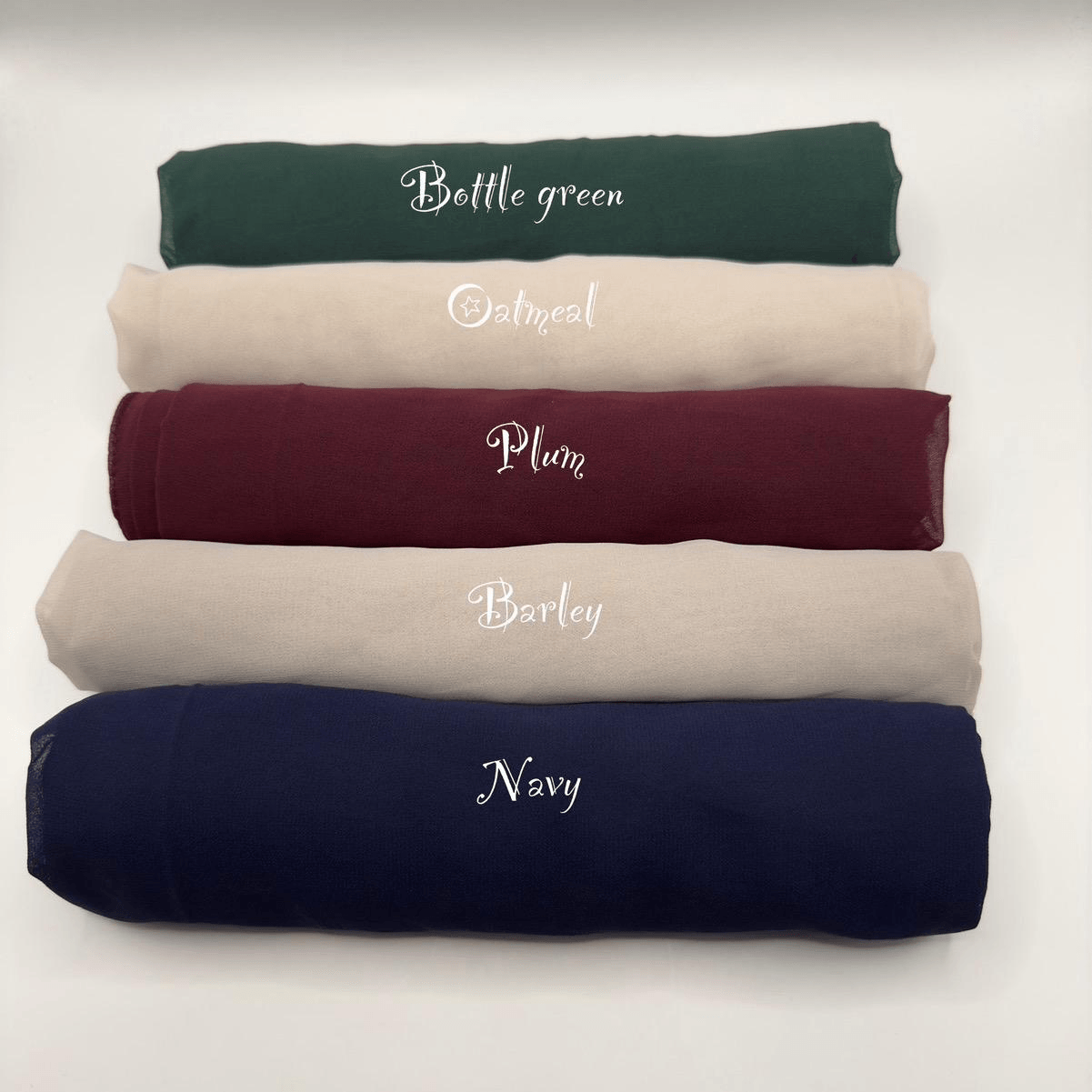 09-img-016 Rolled chiffon hijabs in bottle green, oatmeal, plum, barley and navy