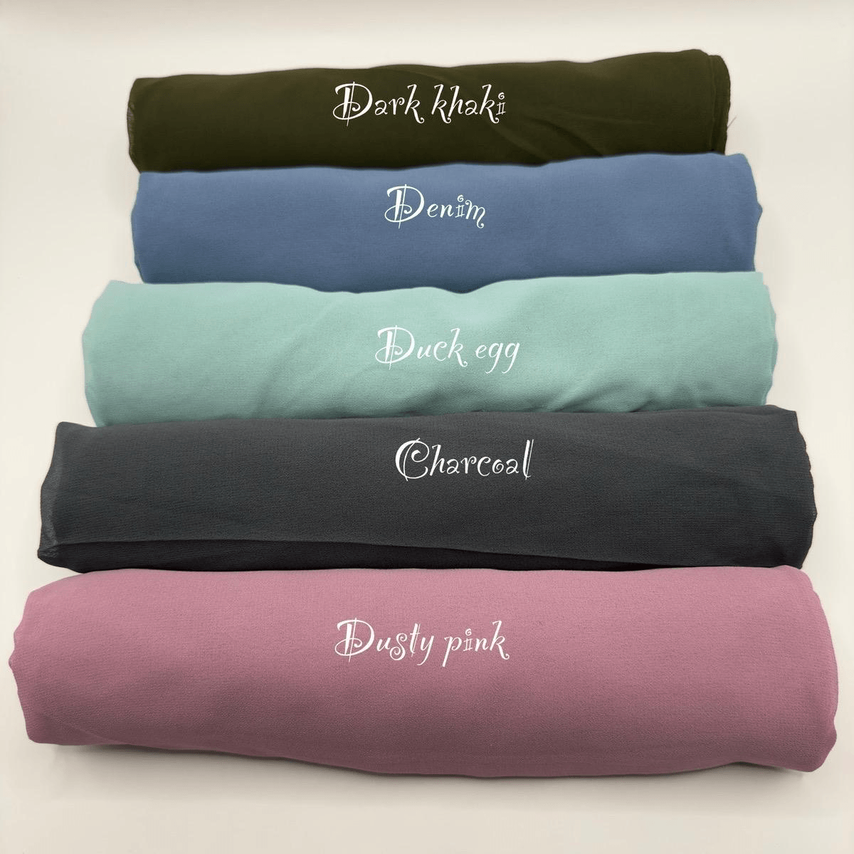 10-img-017 Rolled chiffon hijabs in dark khaki, denim, duck egg, charcoal and dusty pink