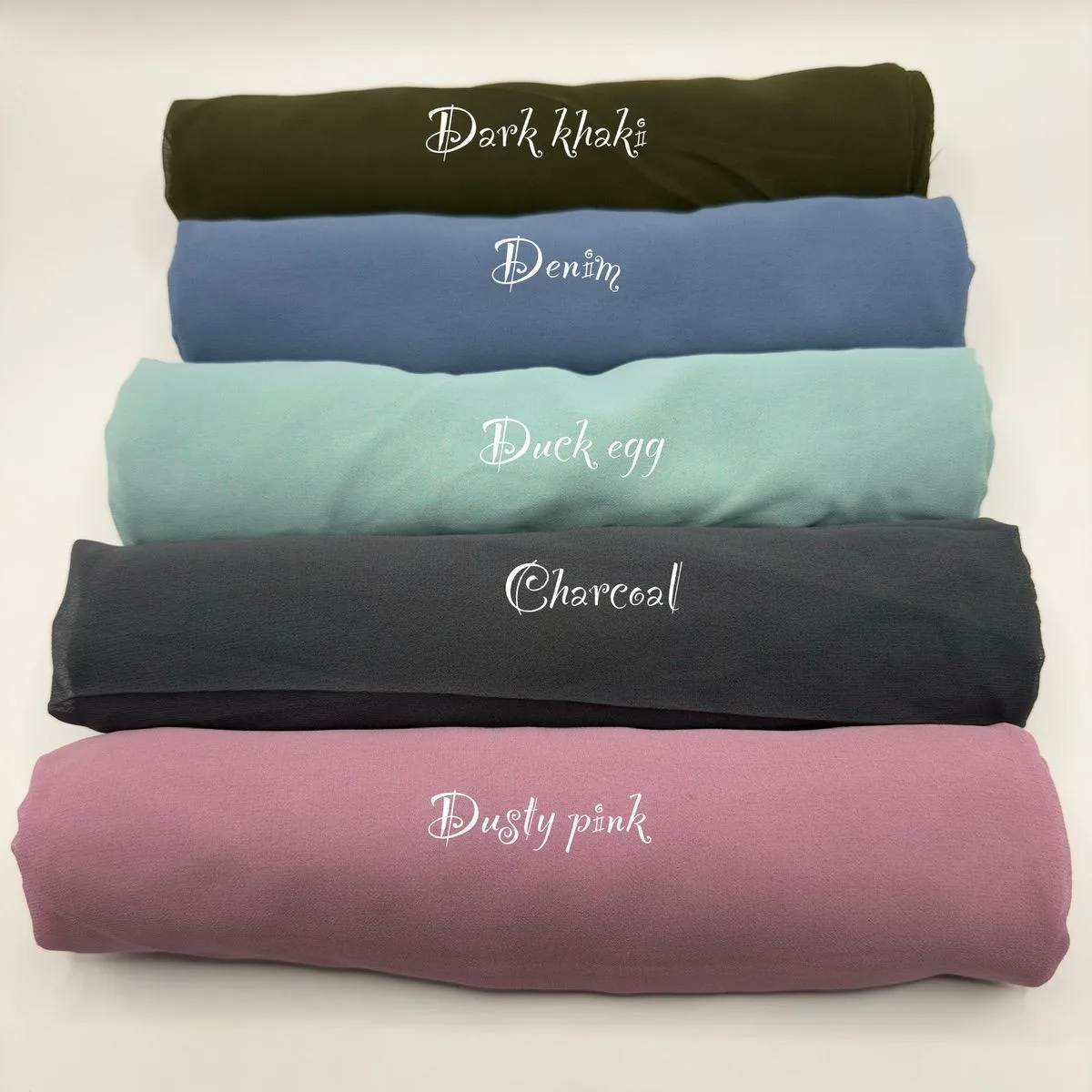 Rolled chiffon hijabs in dark khaki, denim, duck egg, charcoal and dusty pink