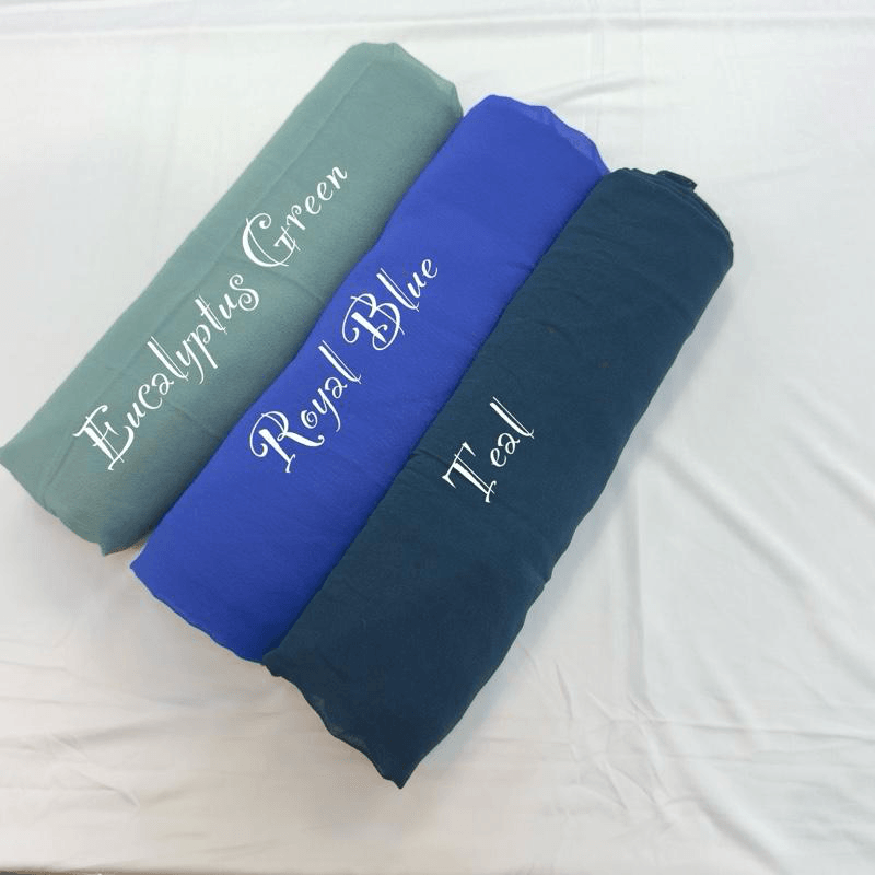 teal-royal-blue-eucalyptus-green Rolled chiffon hijabs in eucalyptus green, royal blue and teal