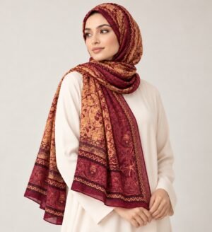 Model wearing Alzarina Burgundy Paisley Modal Scarf