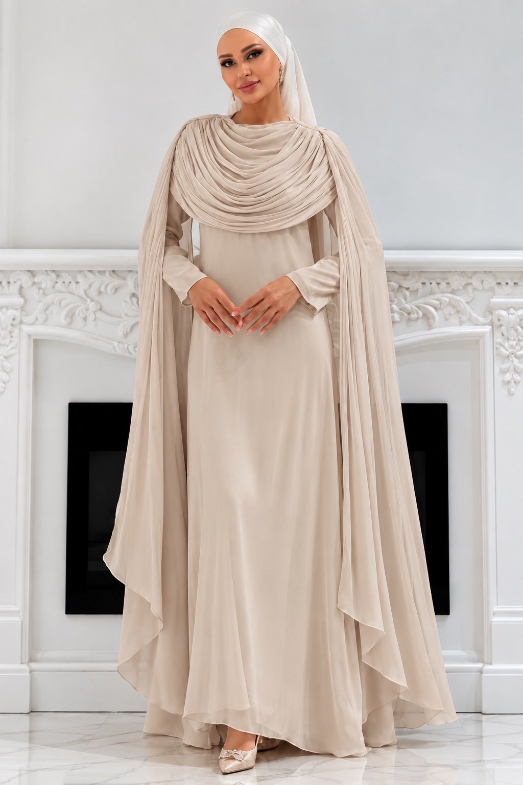 The Sculpted Drape Maxi Dress in Beige — front view