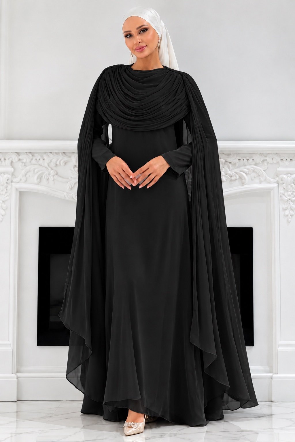 The Sculpted Drape Maxi Dress in Black — front view