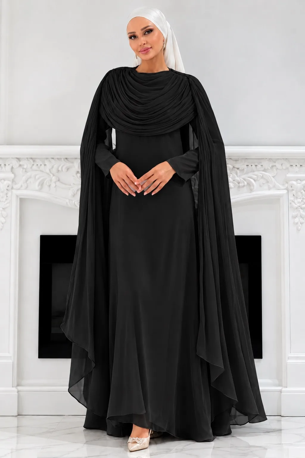 The Sculpted Drape Maxi Dress in Black — front view
