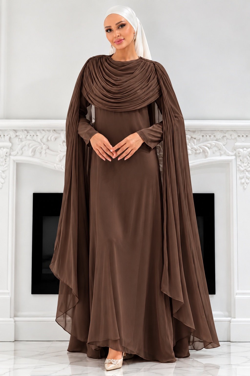 The Sculpted Drape Maxi Dress in Brown — front view