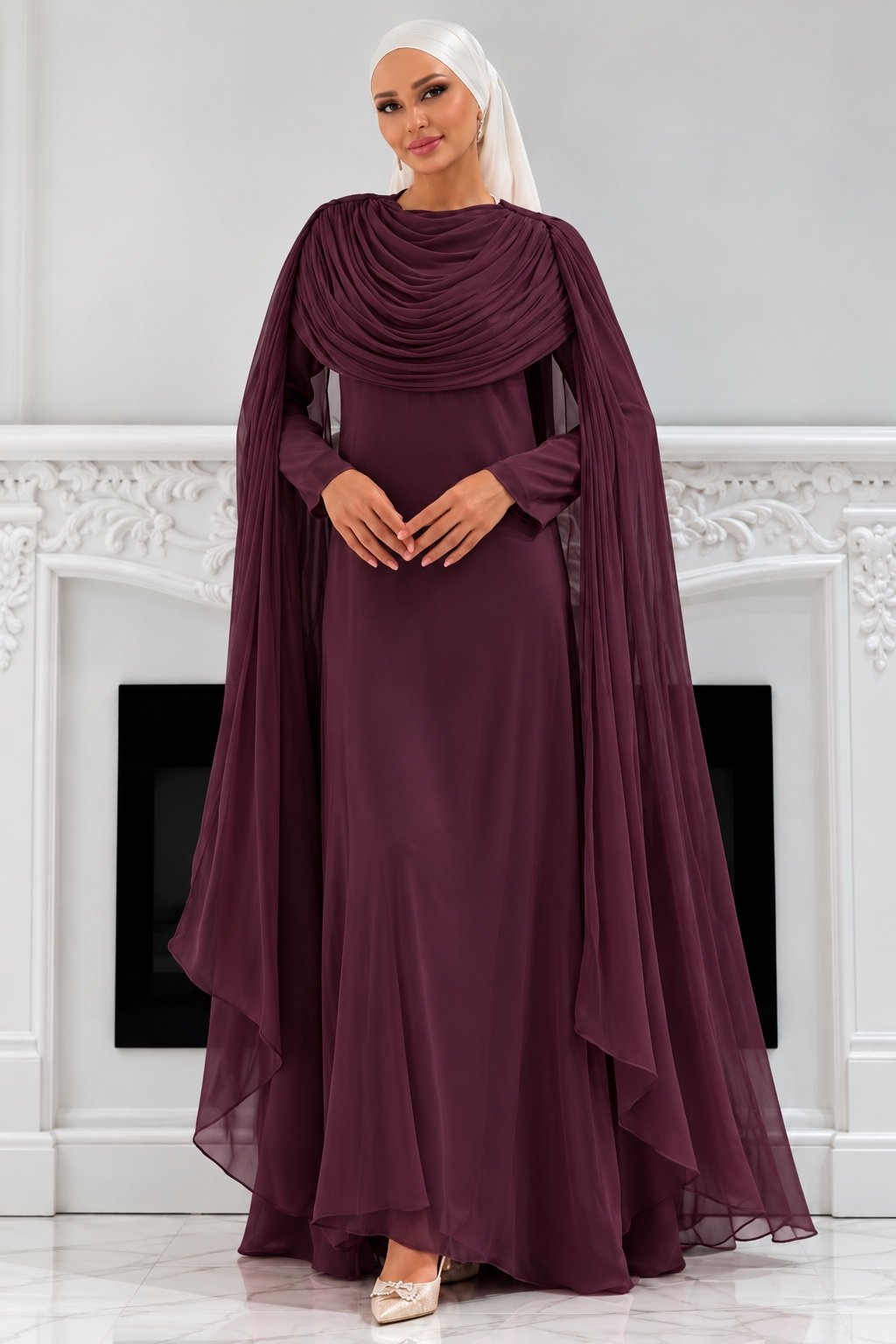 The Sculpted Drape Maxi Dress in Burgundy — front view