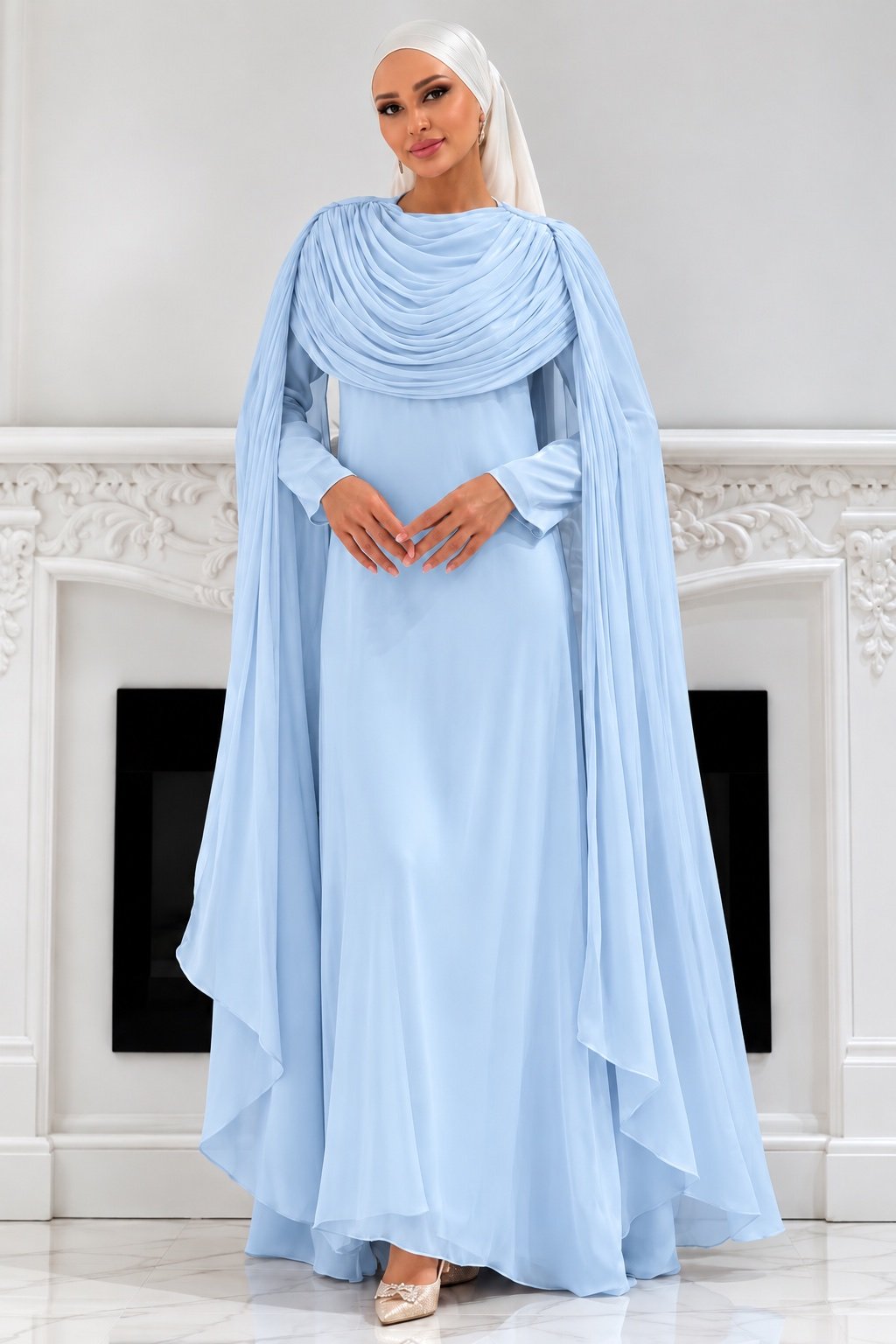 The Sculpted Drape Maxi Dress in Light Blue — front view