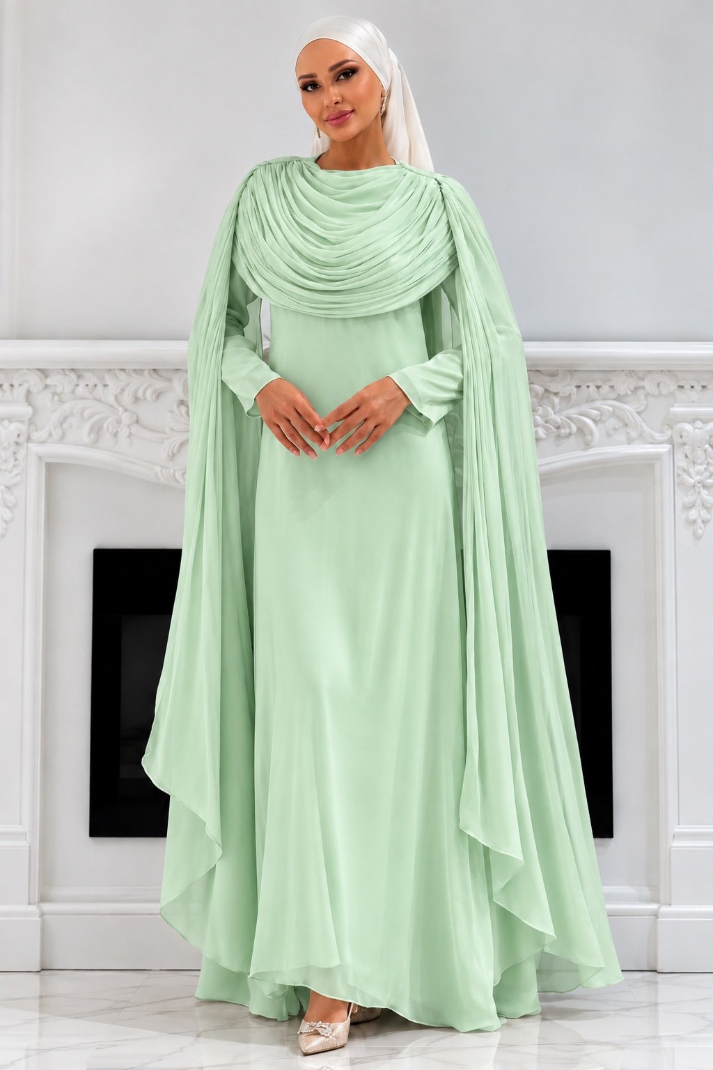 The Sculpted Drape Maxi Dress in Mint — front view