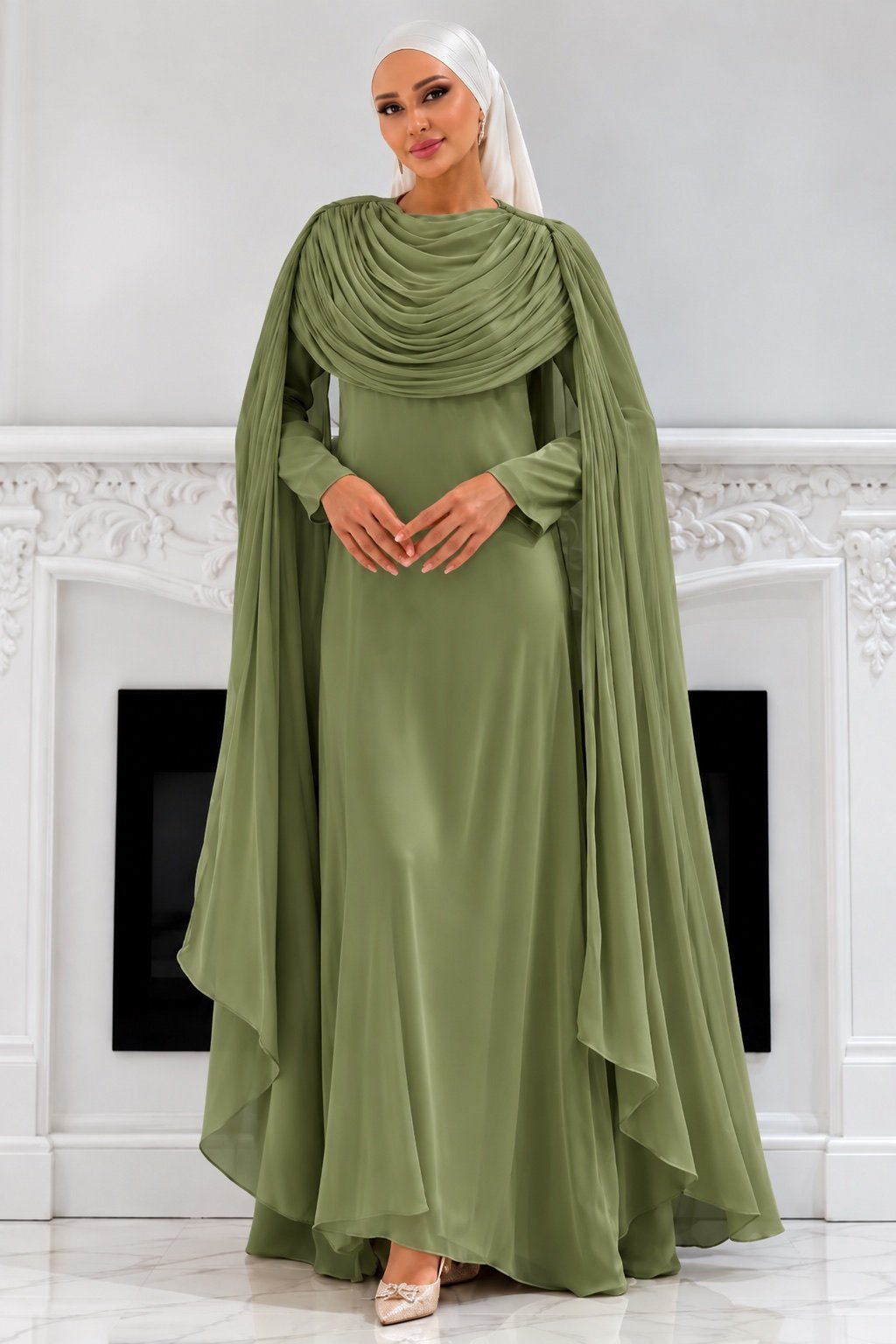 The Sculpted Drape Maxi Dress in Olive — front view