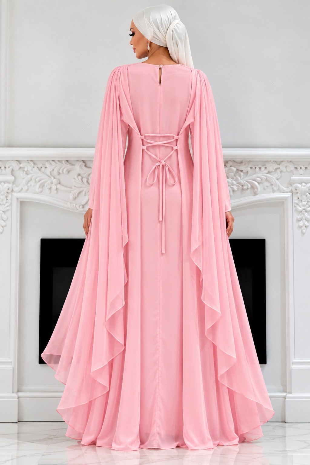The Sculpted Drape Maxi Dress in Pink — back view