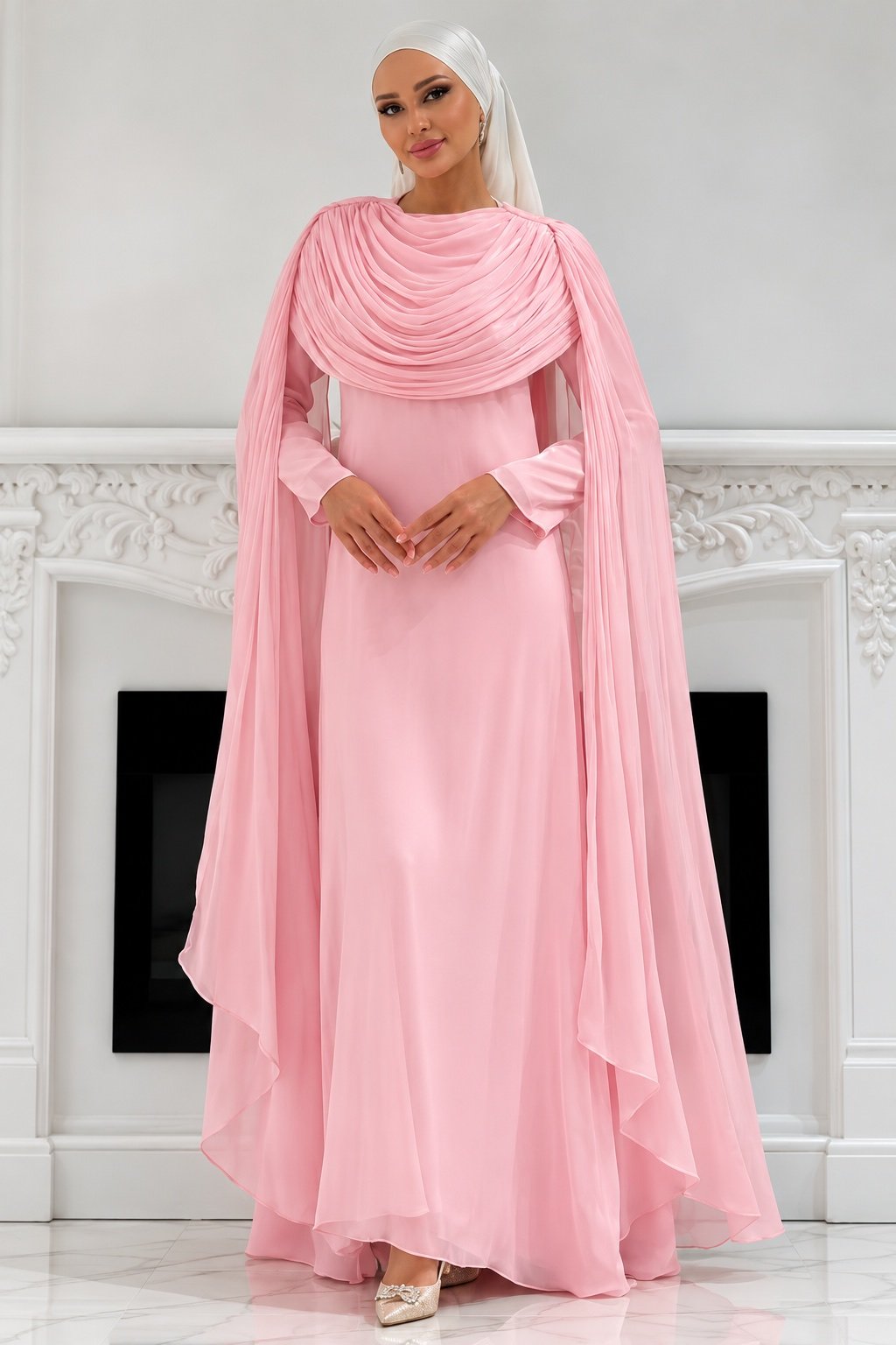 The Sculpted Drape Maxi Dress in Pink — front view
