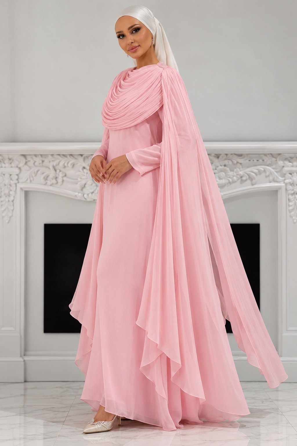 The Sculpted Drape Maxi Dress in Pink — three-quarter view