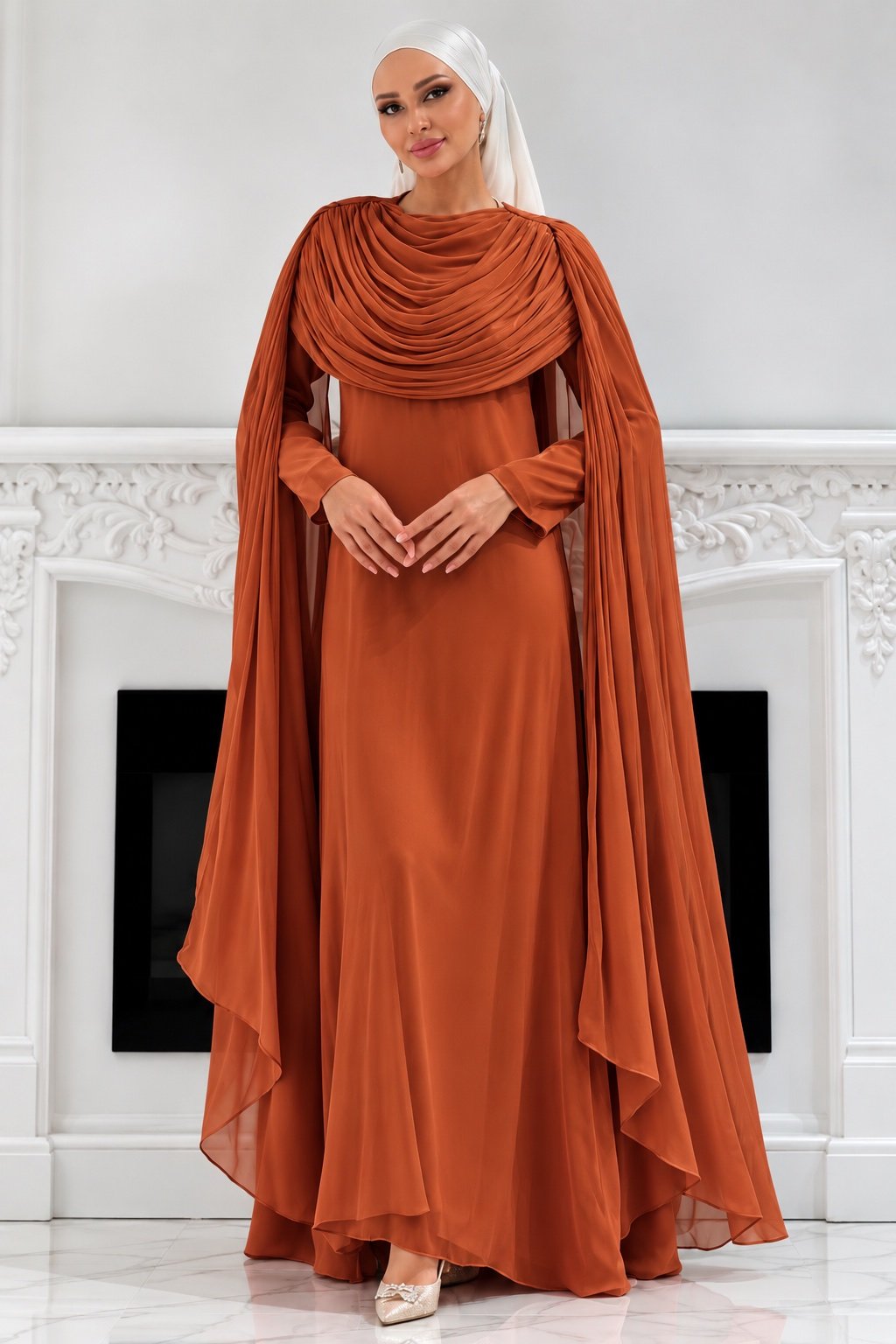 The Sculpted Drape Maxi Dress in Rust — front view