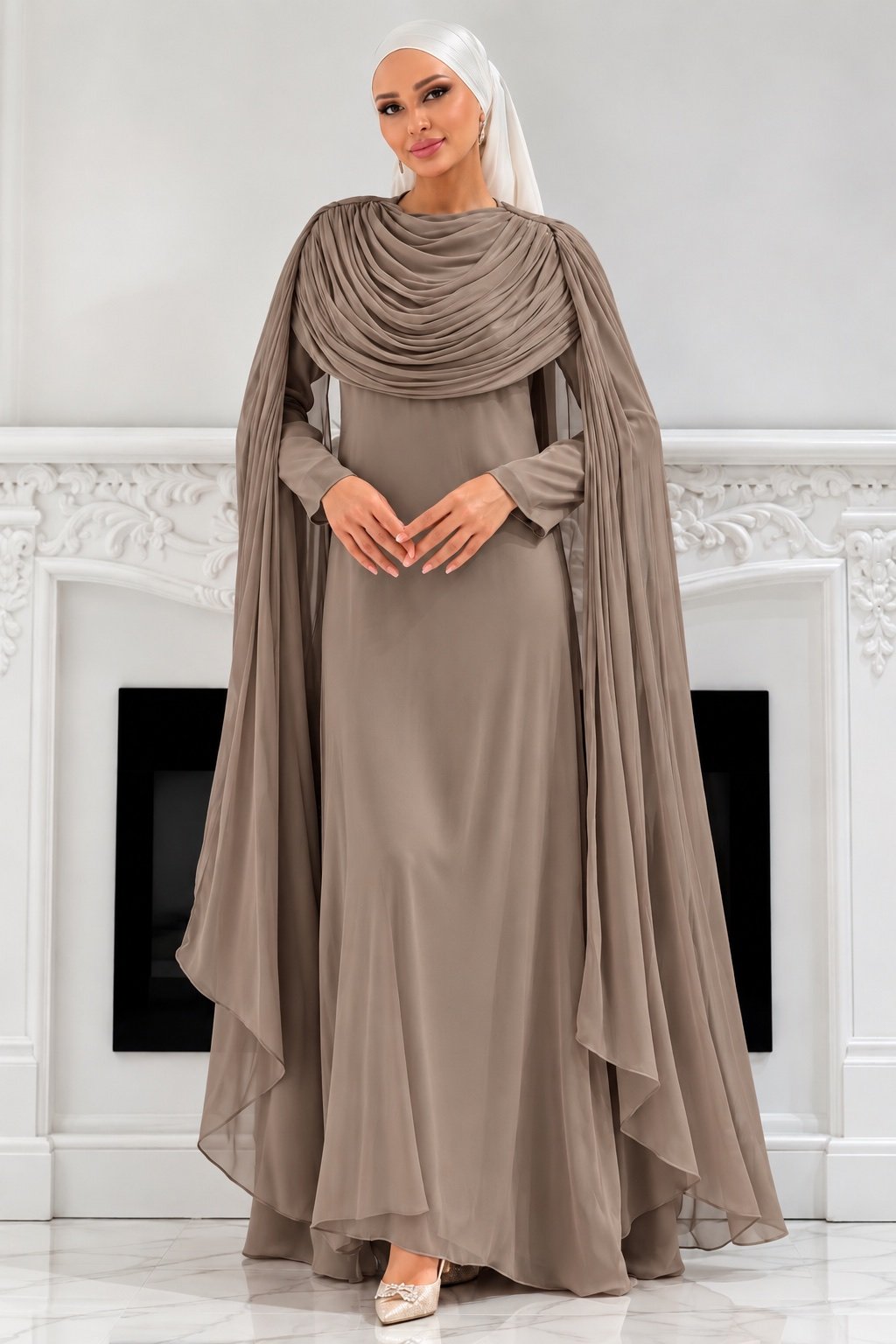 The Sculpted Drape Maxi Dress in Taupe — front view