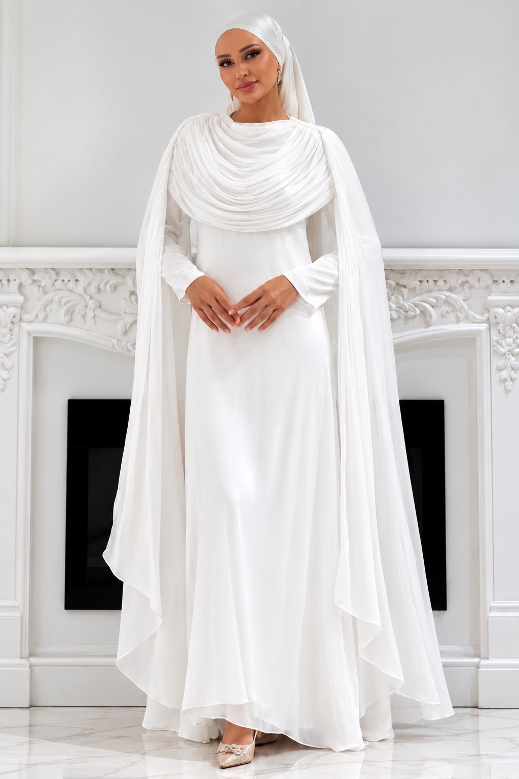 The Sculpted Drape Maxi Dress in White — front view