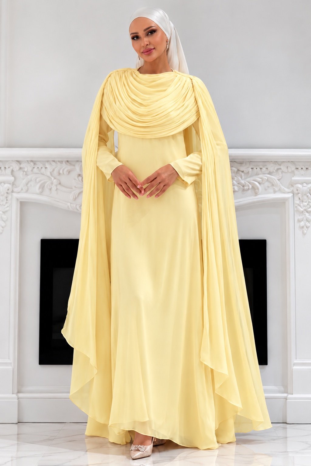 The Sculpted Drape Maxi Dress in Yellow — front view