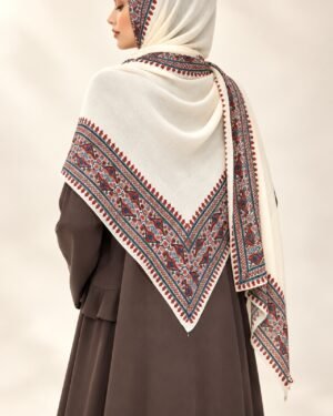 Model wearing Alzarina Cream Royal Modal Scarf